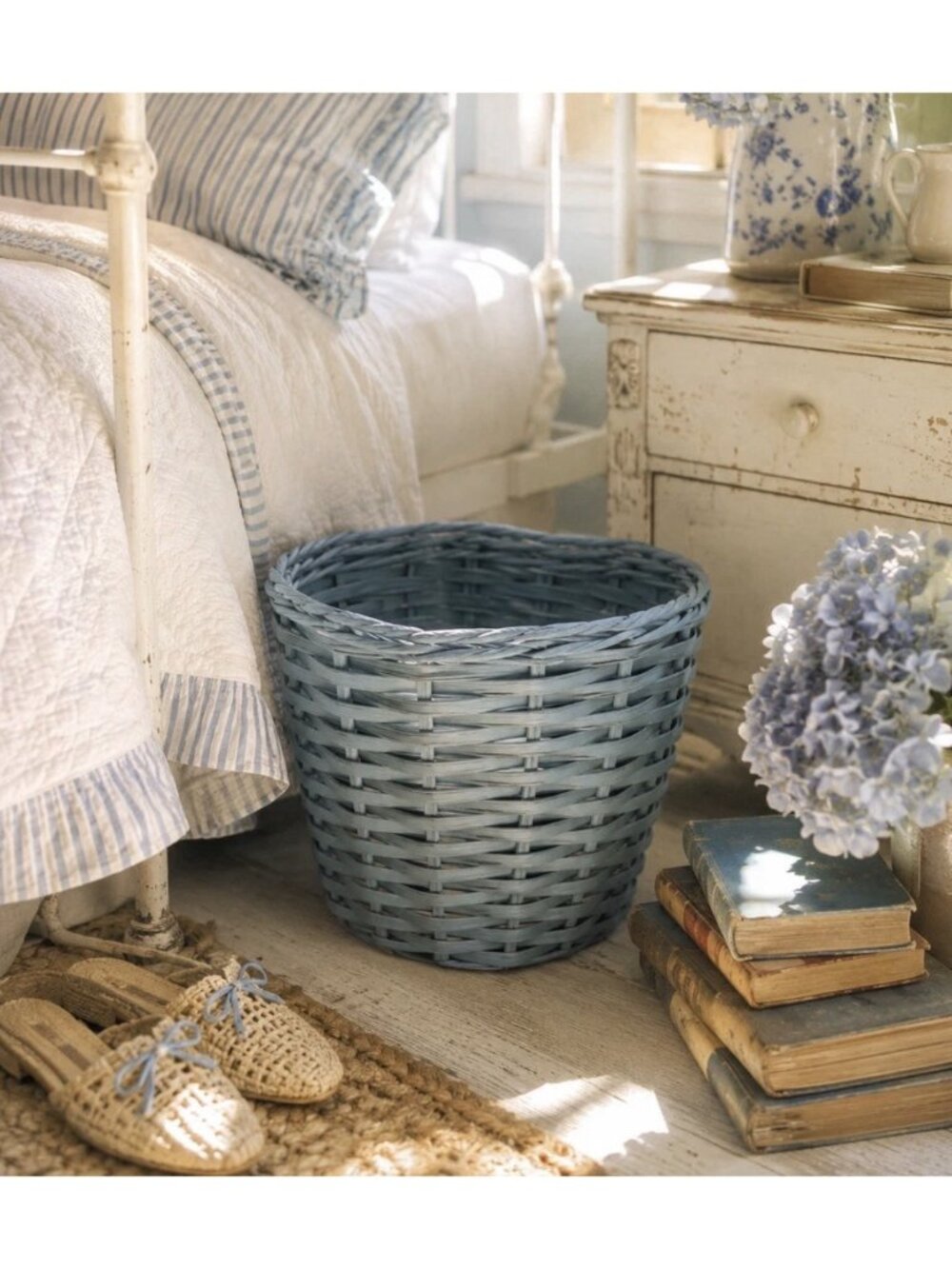 Vintage Heart Shaped Wicker Waste Basket Trash Bin Dusty Blue Cottage Farmhouse